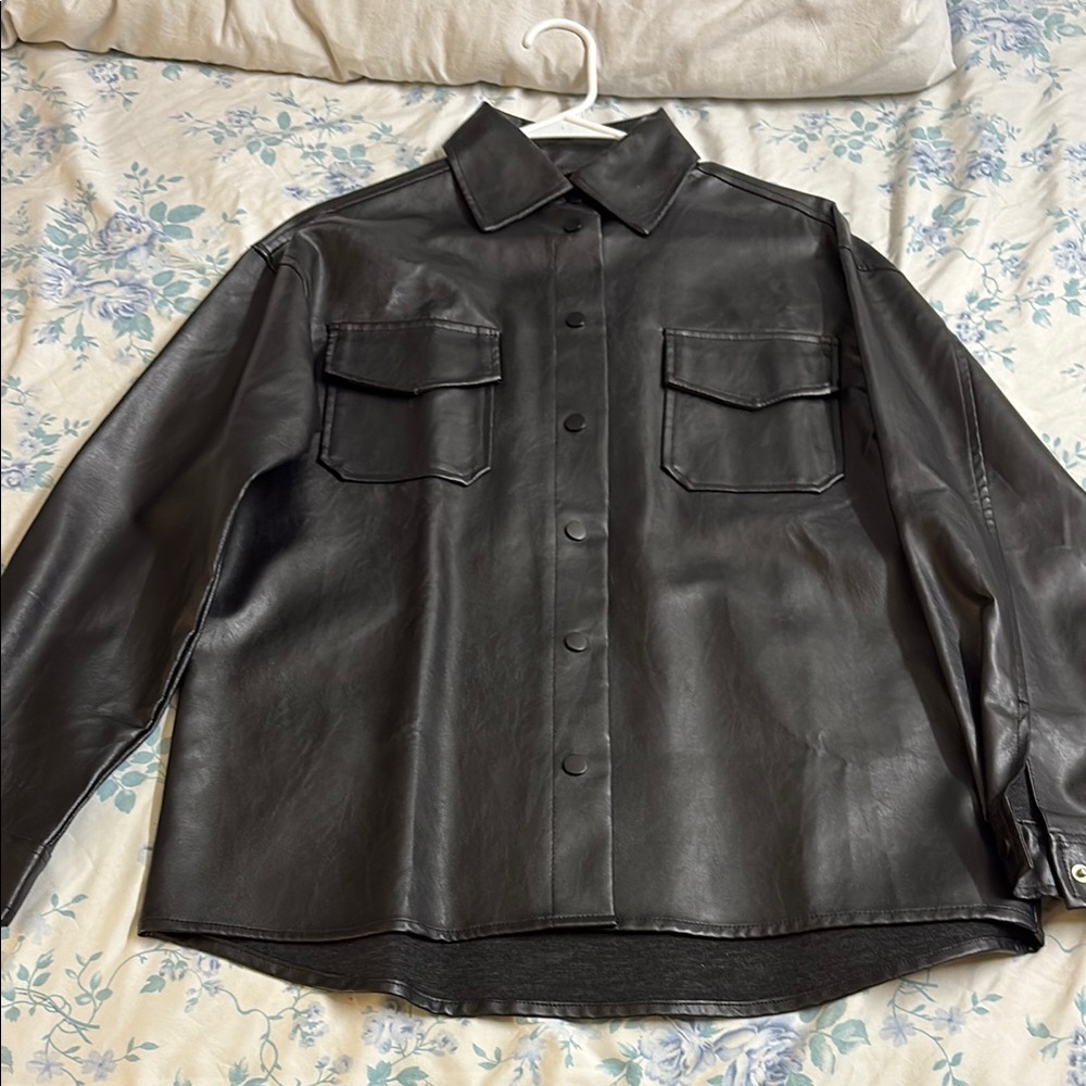 Black Faux Leather Button-Up Shirt